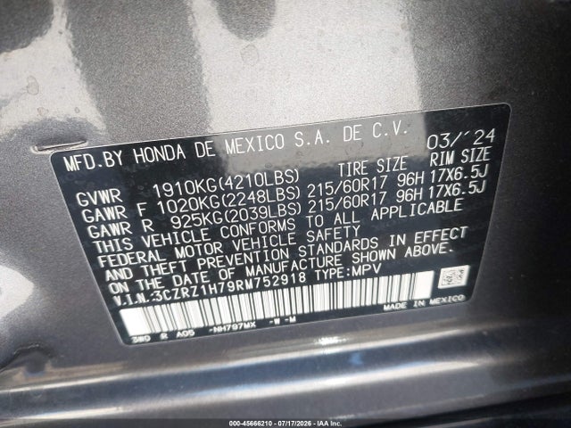 3CZRZ1H79RM752918 Honda Hr-v 2wd Ex-l/2wd Ex-l W/o Bsi