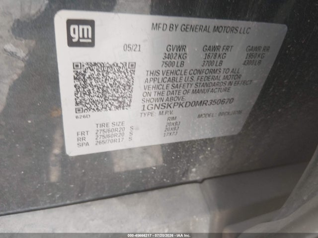 Продаж на аукціоні авто 2021 Chevrolet Tahoe Z71, vin: 1GNSKPKD0MR350670, номер лоту: 45666217