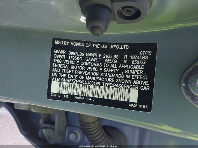 Honda CIVIC EX 2020 SHHFK7H64LU400198 Image 9