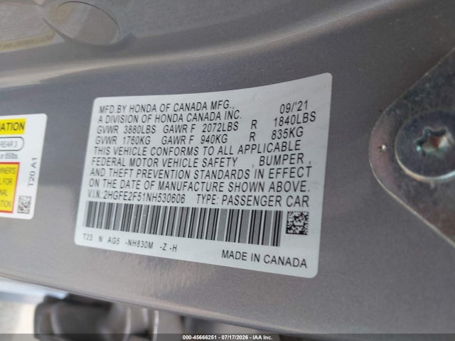 Aukcja sprzedaży 2022 Honda Civic Sport, vin: 2HGFE2F51NH530606, numer aukcji: 45666251
