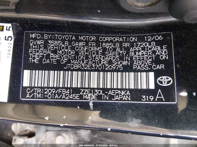Продажа на аукционе авто 2007 Toyota Corolla Le, vin: JTDBR32E370120975, номер лота: 45666259