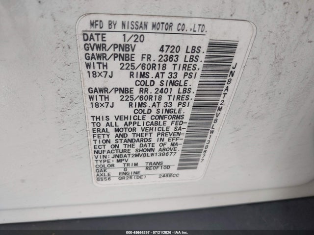 2020 Nissan Rogue Sv Intelligent Awd მანქანა იყიდება აუქციონზე, vin: JN8AT2MV8LW138677, აუქციონის ნომერი: 45666297