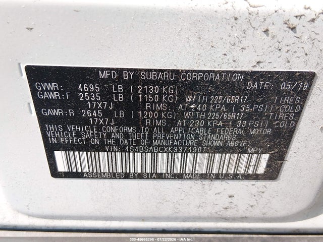 45666298 :رقم المزاد ، 4S4BSABCXK3371907 vin ، 2019 Subaru Outback 2.5i مزاد بيع