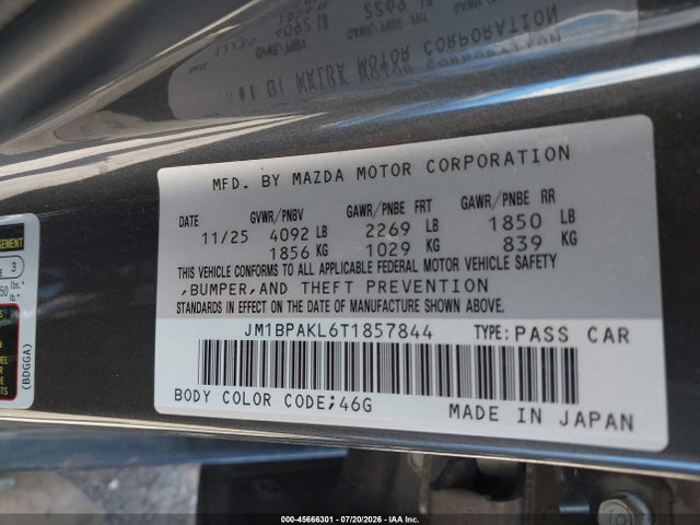 45666301 :رقم المزاد ، JM1BPAKL6T1857844 vin ، 2026 Mazda Mazda3 2.5 S Select Sport مزاد بيع