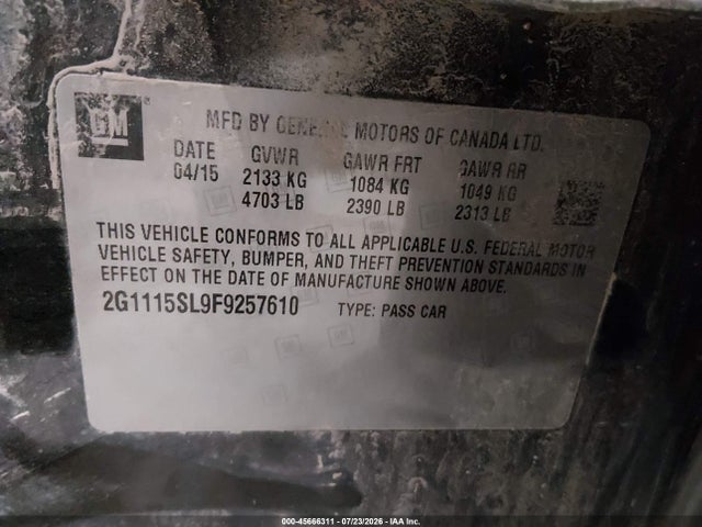 Aukcja sprzedaży 2015 Chevrolet Impala 1lt, vin: 2G1115SL9F9257610, numer aukcji: 45666311