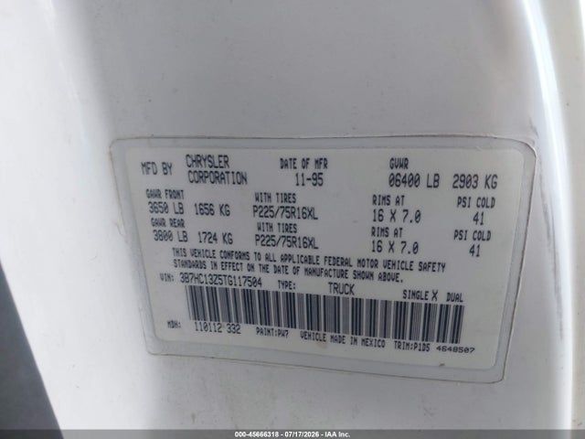 45666318 :رقم المزاد ، 3B7HC13Z5TG117504 vin ، 1996 Dodge Ram 1500 مزاد بيع