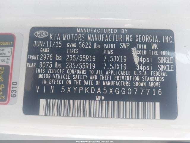 Продажа на аукционе авто 2016 Kia Sorento 3.3l Sxl, vin: 5XYPKDA5XGG077716, номер лота: 45666325