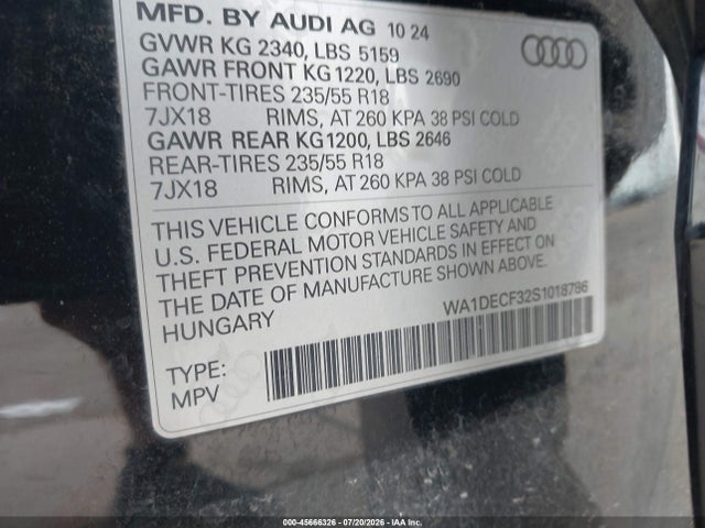 Продажа на аукционе авто 2025 Audi Q3 Premium 45 Tfsi S Line Quattro Tiptronic, vin: WA1DECF32S1018786, номер лота: 45666326