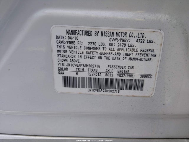 Продажа на аукционе авто 2010 Infiniti G37 Journey, vin: JN1CV6AP7AM202716, номер лота: 45666338