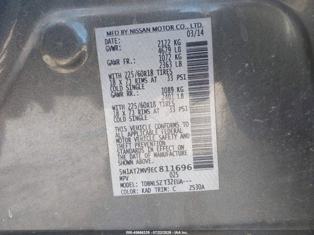 45666339 :رقم المزاد ، 5N1AT2MV9EC811696 vin ، 2014 Nissan Rogue Sl مزاد بيع
