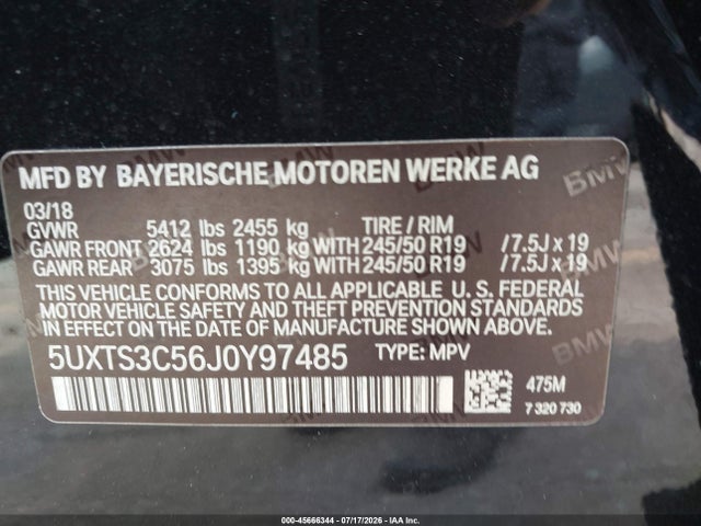 45666344 :رقم المزاد ، 5UXTS3C56J0Y97485 vin ، 2018 Bmw X3 M40i مزاد بيع