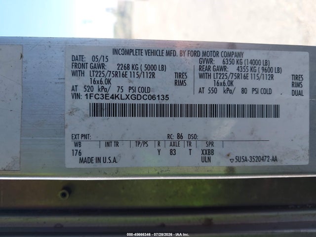 Aukcja sprzedaży 2016 Ford E-450 Stripped, vin: 1FC3E4KLXGDC06135, numer aukcji: 45666346