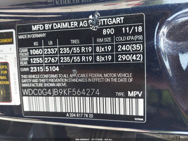 Продаж на аукціоні авто 2019 Mercedes-benz Glc 300, vin: WDC0G4JB9KF564274, номер лоту: 45666347