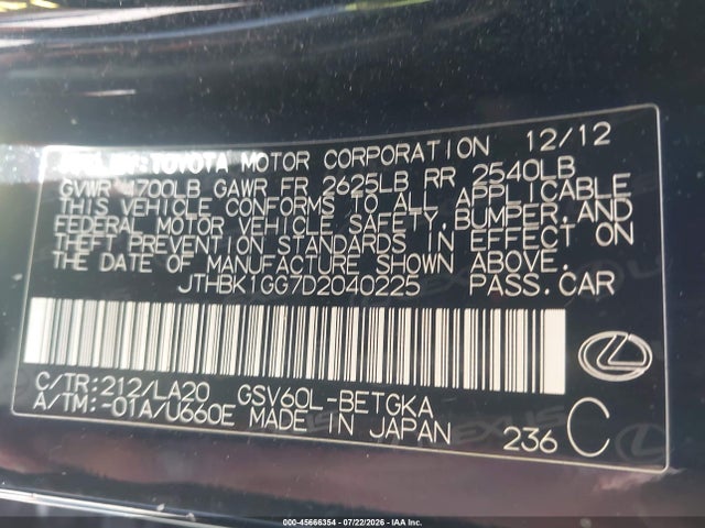 45666354 :رقم المزاد ، JTHBK1GG7D2040225 vin ، 2013 Lexus Es 350 مزاد بيع