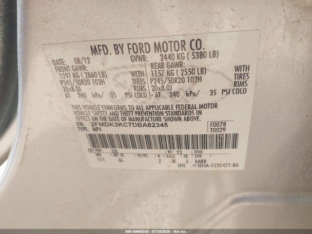 45666358 :رقم المزاد ، 2FMDK3KC7DBA82345 vin ، 2013 Ford Edge Limited مزاد بيع