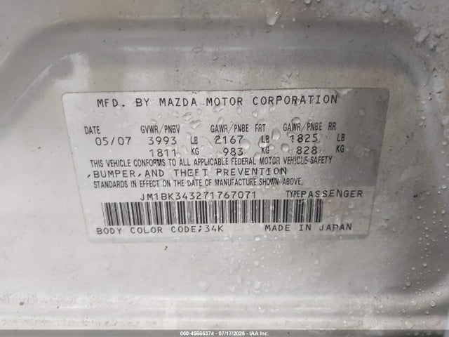 Aukcja sprzedaży 2007 Mazda Mazda3 S Grand Touring, vin: JM1BK343271767071, numer aukcji: 45666374