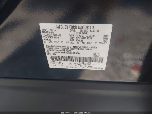 45666377 :رقم المزاد ، 1FM5K8HT3GGB95330 vin ، 2016 Ford Explorer Platinum مزاد بيع