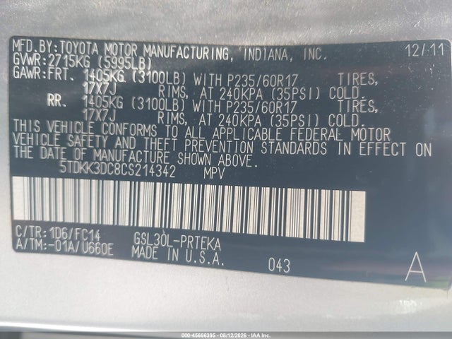Продажа на аукционе авто 2012 Toyota Sienna Le V6 8 Passenger, vin: 5TDKK3DC8CS214342, номер лота: 45666395