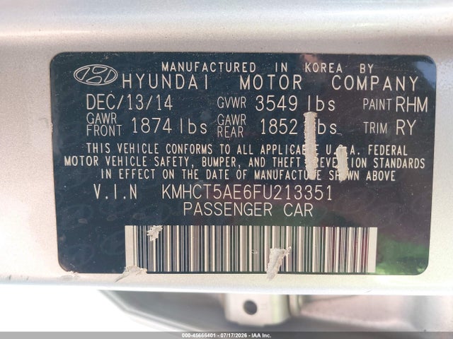 KMHCT5AE6FU213351 Hyundai ACCENT GS