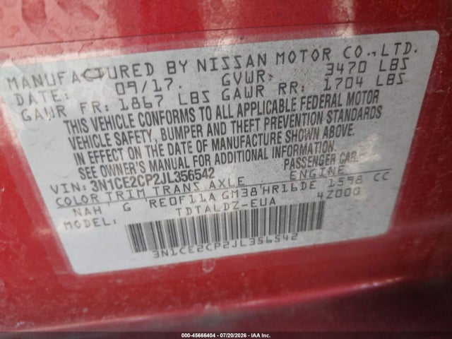 Продажа на аукционе авто 2018 Nissan Versa Note Sv, vin: 3N1CE2CP2JL356542, номер лота: 45666404