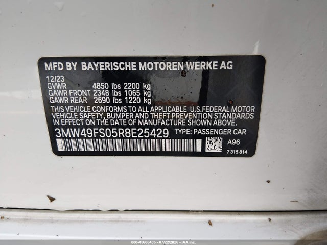 45666405 :رقم المزاد ، 3MW49FS05R8E25429 vin ، 2024 Bmw M340i مزاد بيع