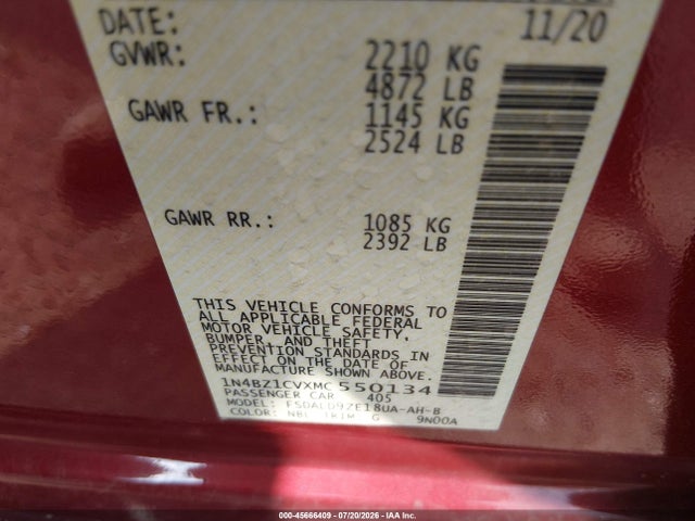 45666409 :رقم المزاد ، 1N4BZ1CVXMC550134 vin ، 2021 Nissan Leaf Sv Plus 62 Kwh مزاد بيع