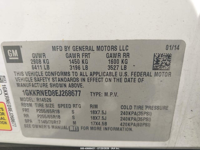 Aukcja sprzedaży 2014 Gmc Acadia Sle-1, vin: 1GKKRNED8EJ268677, numer aukcji: 45666421