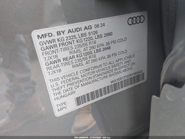 2024 Audi Q3 Premium Plus 45 Tfsi S Line Quattro Tiptronic მანქანა იყიდება აუქციონზე, vin: WA1EECF32R1164443, აუქციონის ნომერი: 45666430