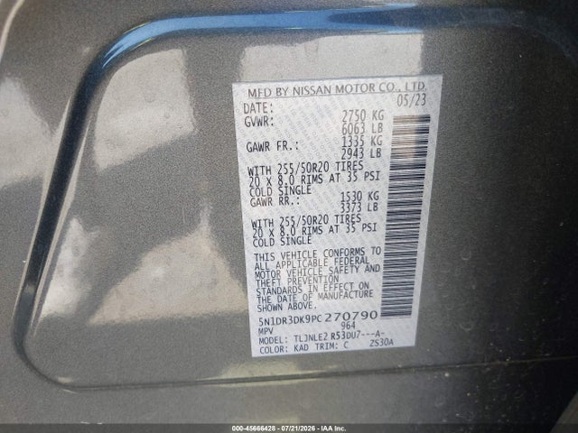 2023 Nissan Pathfinder Platinum 4wd მანქანა იყიდება აუქციონზე, vin: 5N1DR3DK9PC270790, აუქციონის ნომერი: 45666428