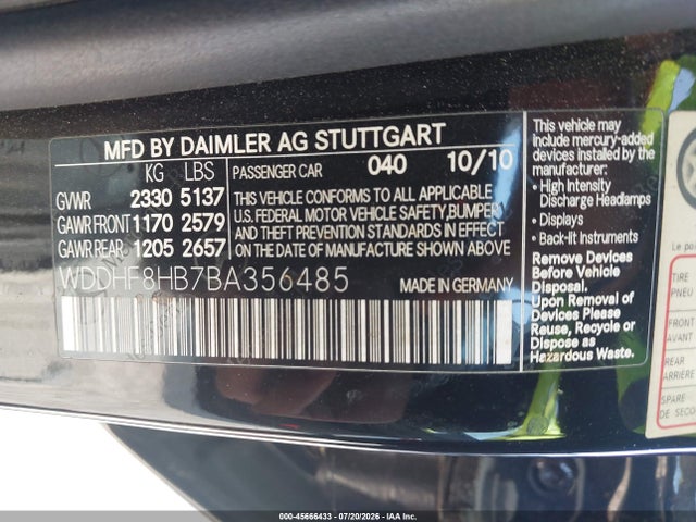 Aukcja sprzedaży 2011 Mercedes-benz E 350 4matic, vin: WDDHF8HB7BA356485, numer aukcji: 45666433