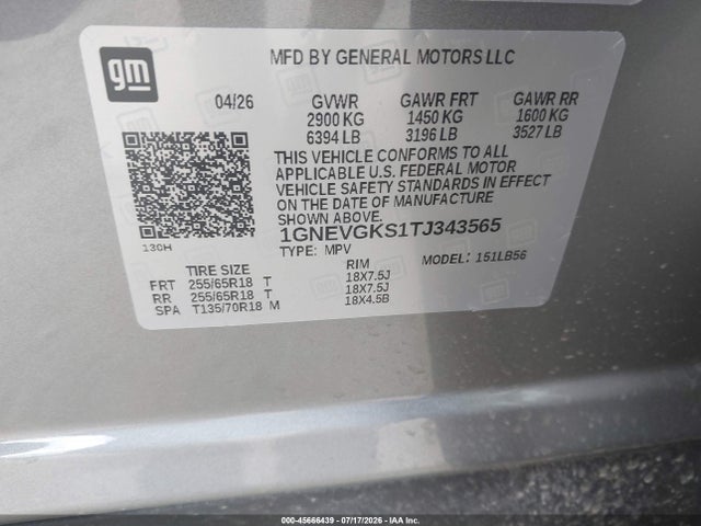 Aukcja sprzedaży 2026 Chevrolet Traverse Awd Lt, vin: 1GNEVGKS1TJ343565, numer aukcji: 45666439