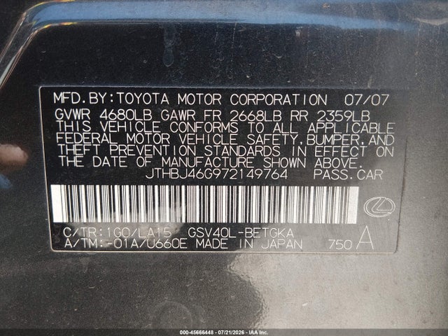 45666448 :رقم المزاد ، JTHBJ46G972149764 vin ، 2007 Lexus Es 350 مزاد بيع