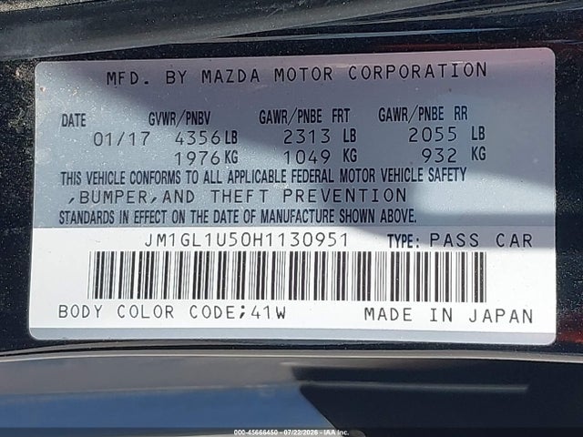 2017 Mazda Mazda6 Sport მანქანა იყიდება აუქციონზე, vin: JM1GL1U50H1130951, აუქციონის ნომერი: 45666450