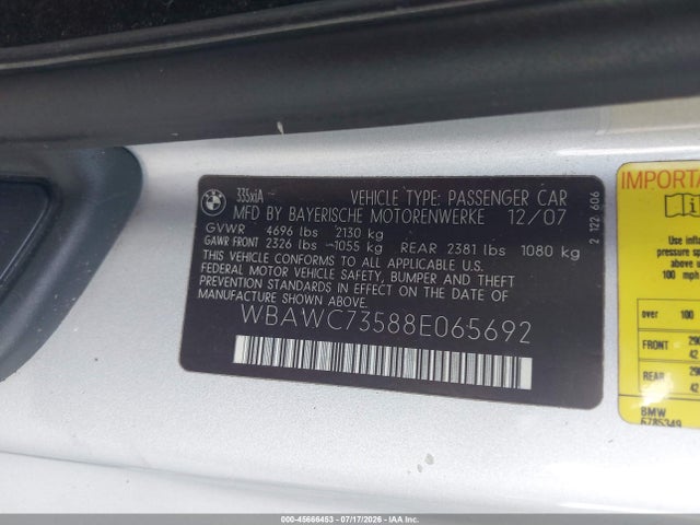 45666453 :رقم المزاد ، WBAWC73588E065692 vin ، 2008 Bmw 335xi مزاد بيع