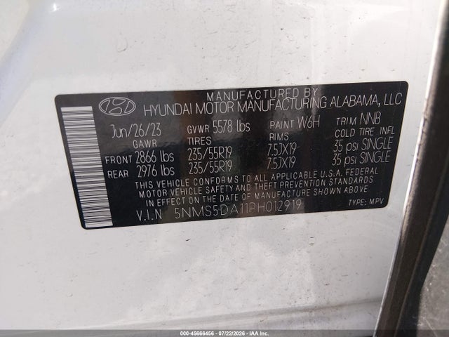 45666456 :رقم المزاد ، 5NMS5DA11PH012919 vin ، 2023 Hyundai Santa Fe Hybrid Limited مزاد بيع