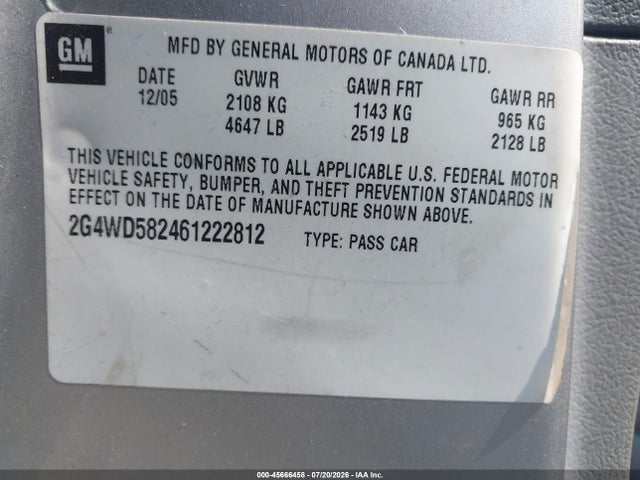 2006 Buick Lacrosse Cxl მანქანა იყიდება აუქციონზე, vin: 2G4WD582461222812, აუქციონის ნომერი: 45666458