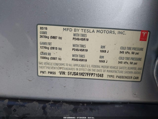 45666463 :رقم المزاد ، 5YJSA1H27FFP71048 vin ، 2015 Tesla Model S 70d/85d/p85d مزاد بيع