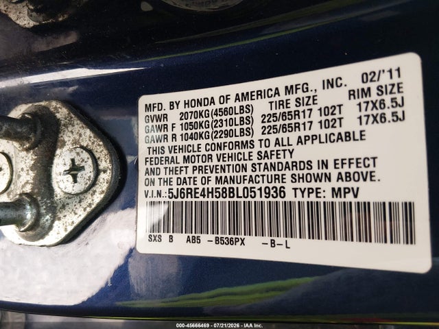 2011 Honda Cr-v Ex მანქანა იყიდება აუქციონზე, vin: 5J6RE4H58BL051936, აუქციონის ნომერი: 45666469