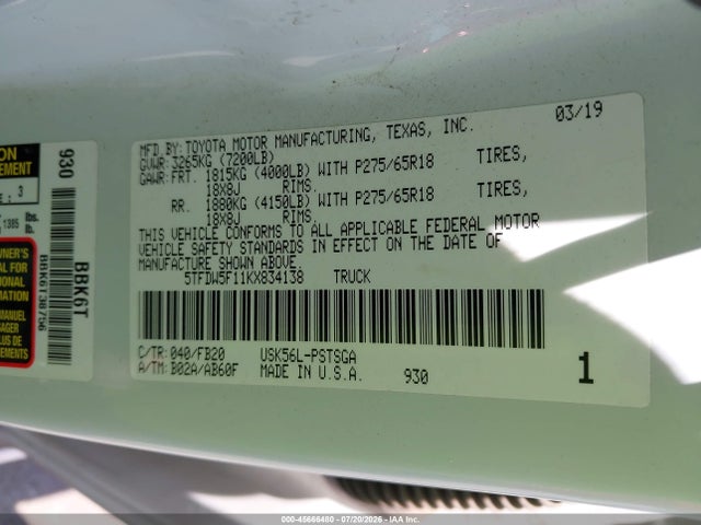 Продаж на аукціоні авто 2019 Toyota Tundra Sr5 5.7l V8, vin: 5TFDW5F11KX834138, номер лоту: 45666480