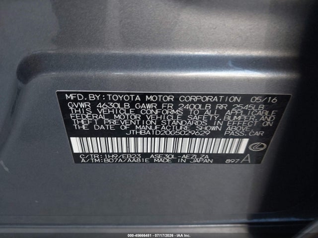 Aukcja sprzedaży 2016 Lexus Is 200t, vin: JTHBA1D20G5029629, numer aukcji: 45666481