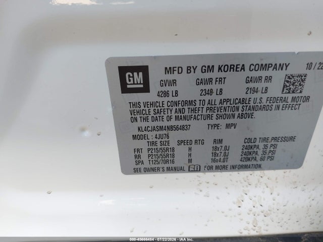 45666484 :رقم المزاد ، KL4CJASM4NB564837 vin ، 2022 Buick Encore Fwd Preferred مزاد بيع