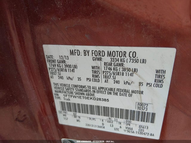 2014 Ford F-150 Xlt მანქანა იყიდება აუქციონზე, vin: 1FTFW1ET0EKD28385, აუქციონის ნომერი: 45666486