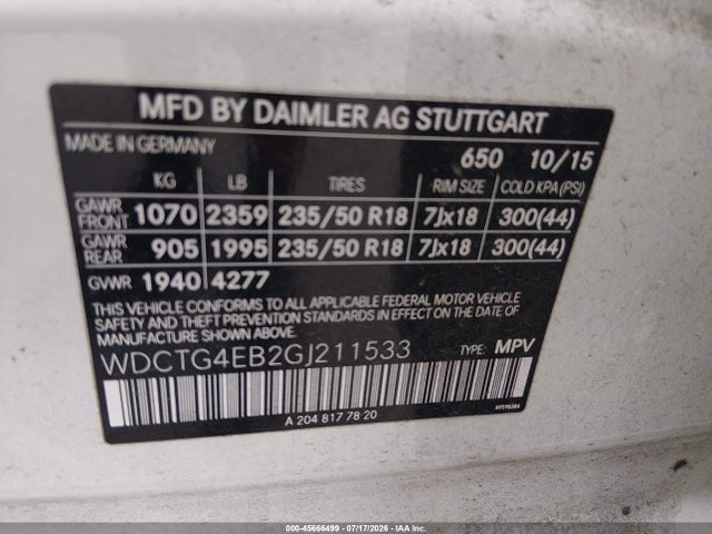 Aukcja sprzedaży 2016 Mercedes-benz Gla 250, vin: WDCTG4EB2GJ211533, numer aukcji: 45666499