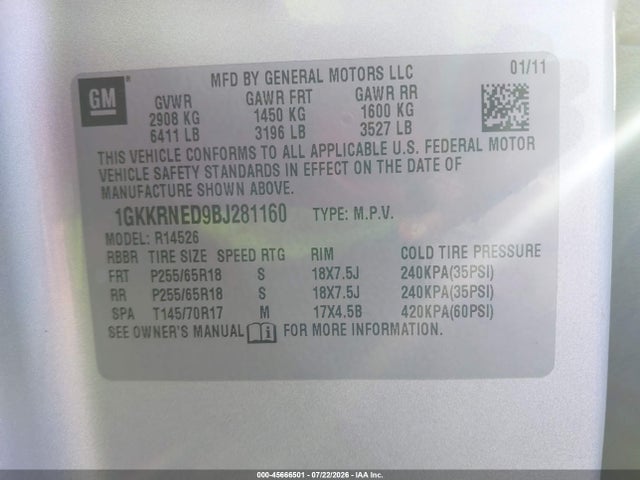Продажа на аукционе авто 2011 Gmc Acadia Sl, vin: 1GKKRNED9BJ281160, номер лота: 45666501