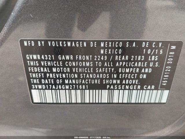 Продаж на аукціоні авто 2016 Volkswagen Jetta 1.8t Sport, vin: 3VWD17AJ6GM271681, номер лоту: 45666508