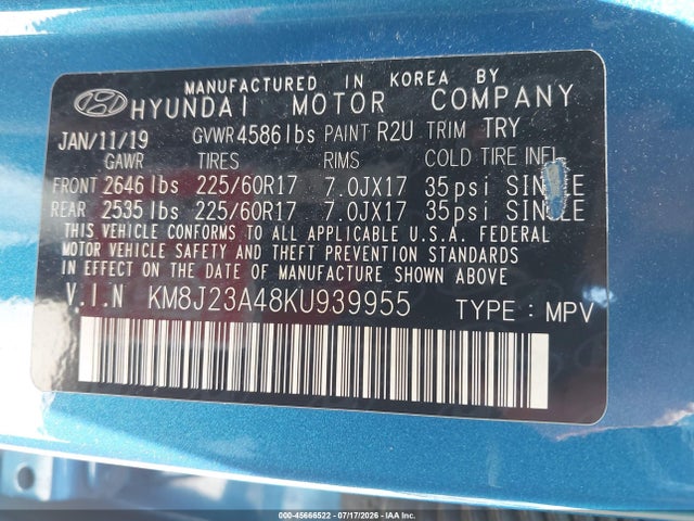 KM8J23A48KU939955 Hyundai TUCSON SE