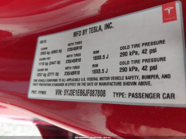5YJ3E1EB6JF087808 Tesla Model 3 Long Range/performance