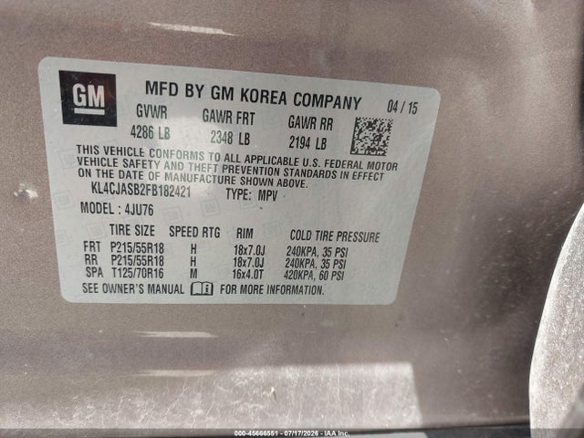 Aukcja sprzedaży 2015 Buick Encore, vin: KL4CJASB2FB182421, numer aukcji: 45666551