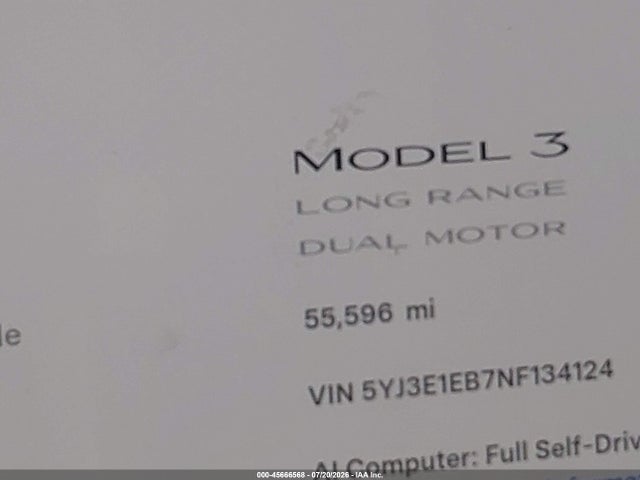 45666568 :رقم المزاد ، 5YJ3E1EB7NF134124 vin ، 2022 Tesla Model 3 Long Range Dual Motor All-wheel Drive مزاد بيع