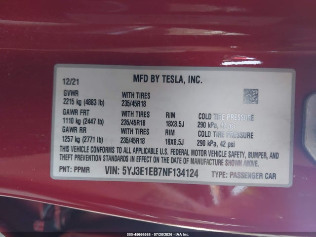 45666568 :رقم المزاد ، 5YJ3E1EB7NF134124 vin ، 2022 Tesla Model 3 Long Range Dual Motor All-wheel Drive مزاد بيع